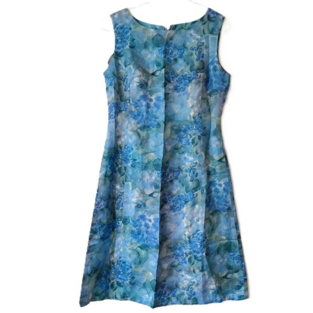 Vintage 50s Dress Blue Green Silky Floral 32" Bust Retro 60s Shabby Rockabilly